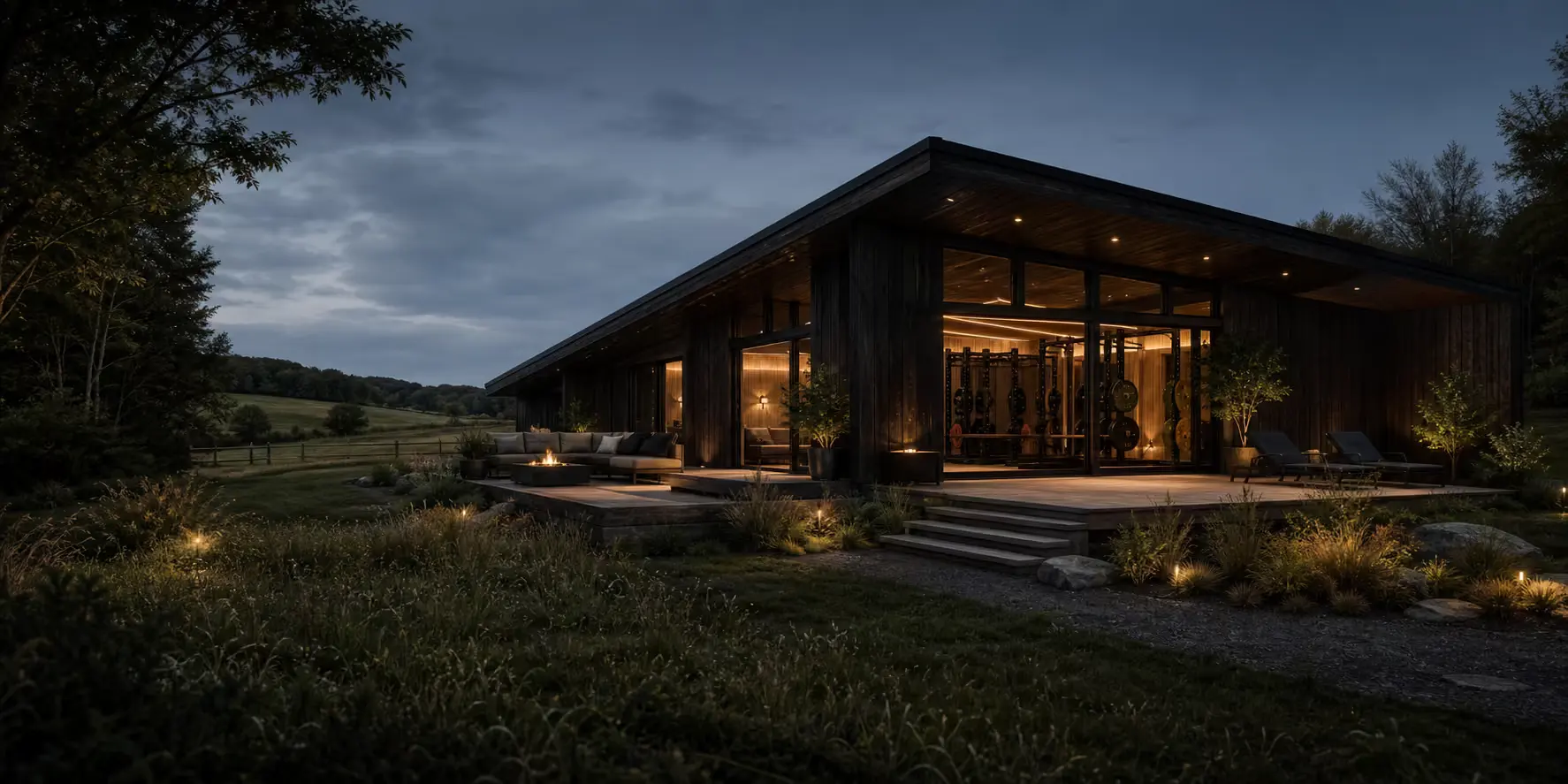A quiet fitness-stay cabin in a rural landscape
